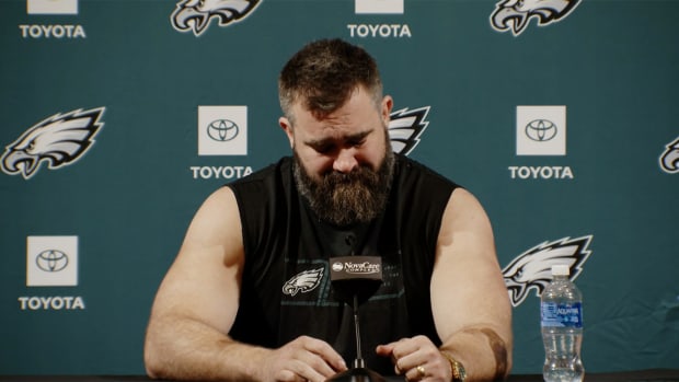 Philadelphia Eagles center Jason Kelce tearfully announces his retirement.